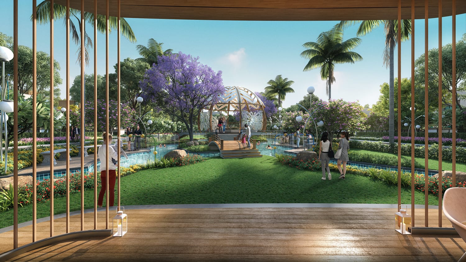 Artist's impression of the lawns and lazy river at Irish Town, Banur, seen from a wooden pavilion