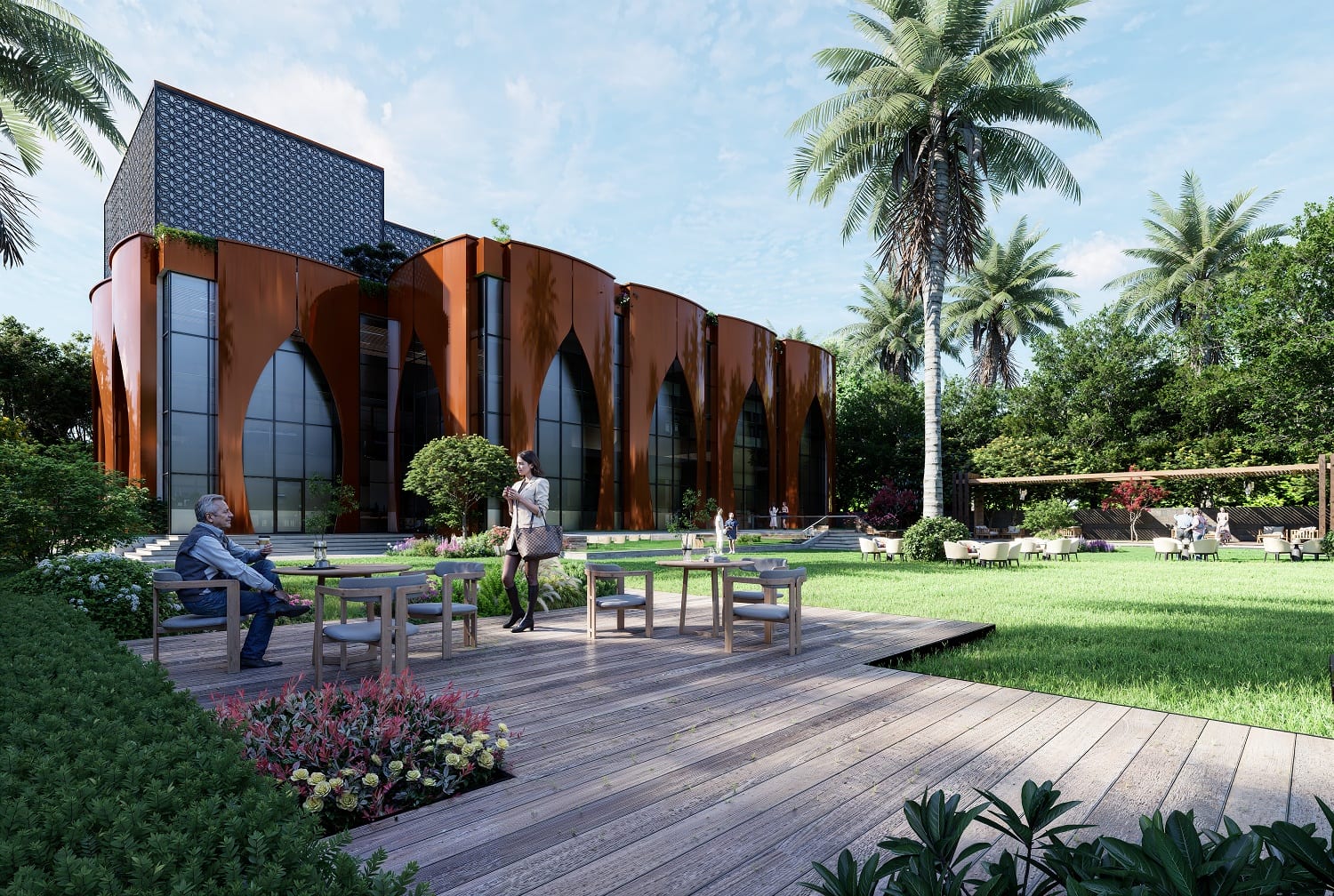 Artist's impression of the clubhouse at Irish Town, Banur, with arched glass windows and an outdoor deck and lawn