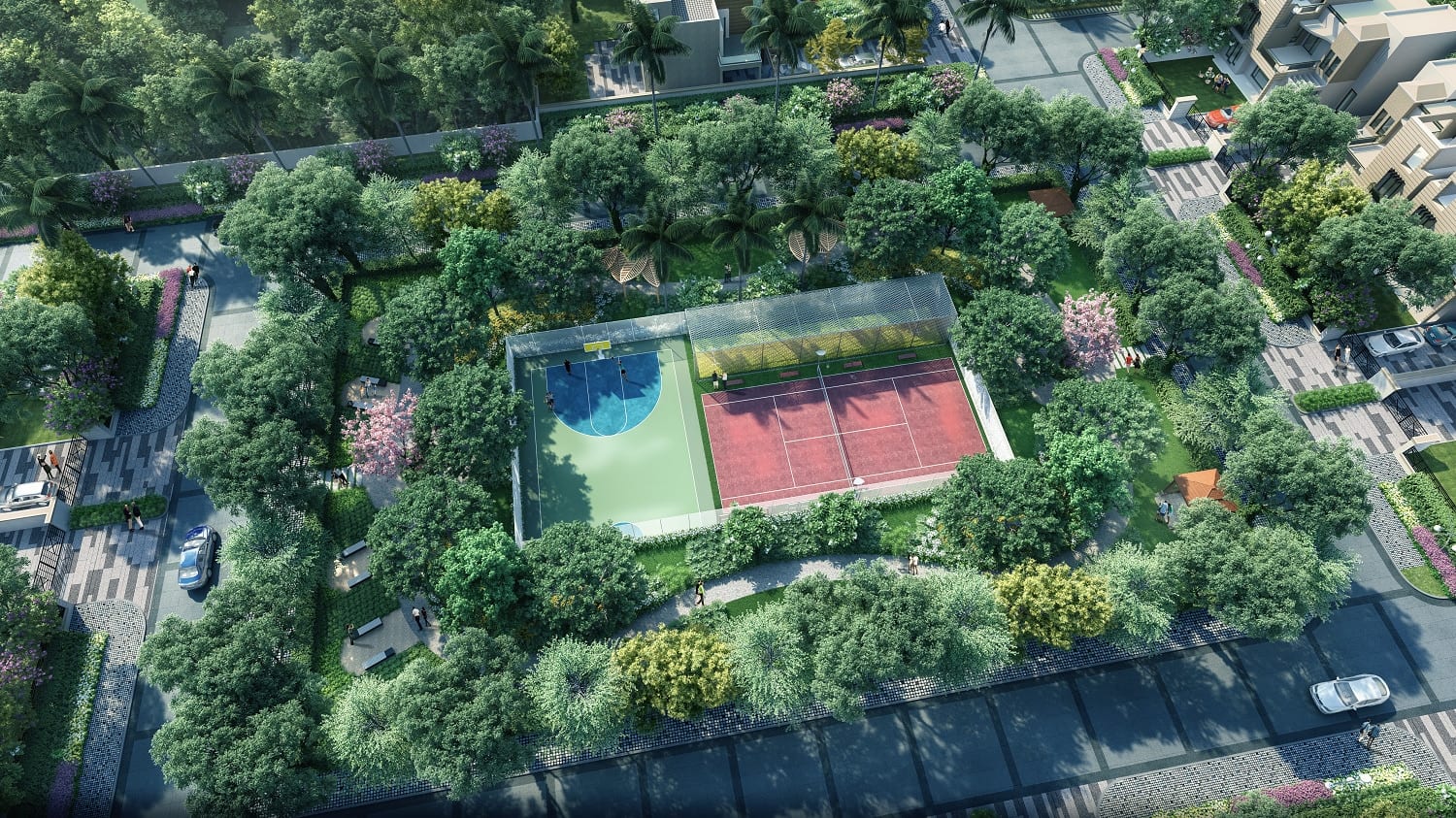 Artist's impression of the sports courts in a wooded park at Irish Town, Banur, seen from above