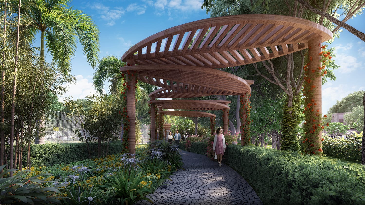 Artist's impression of a curved wooden pergola over a garden walkway at Irish Town, Banur