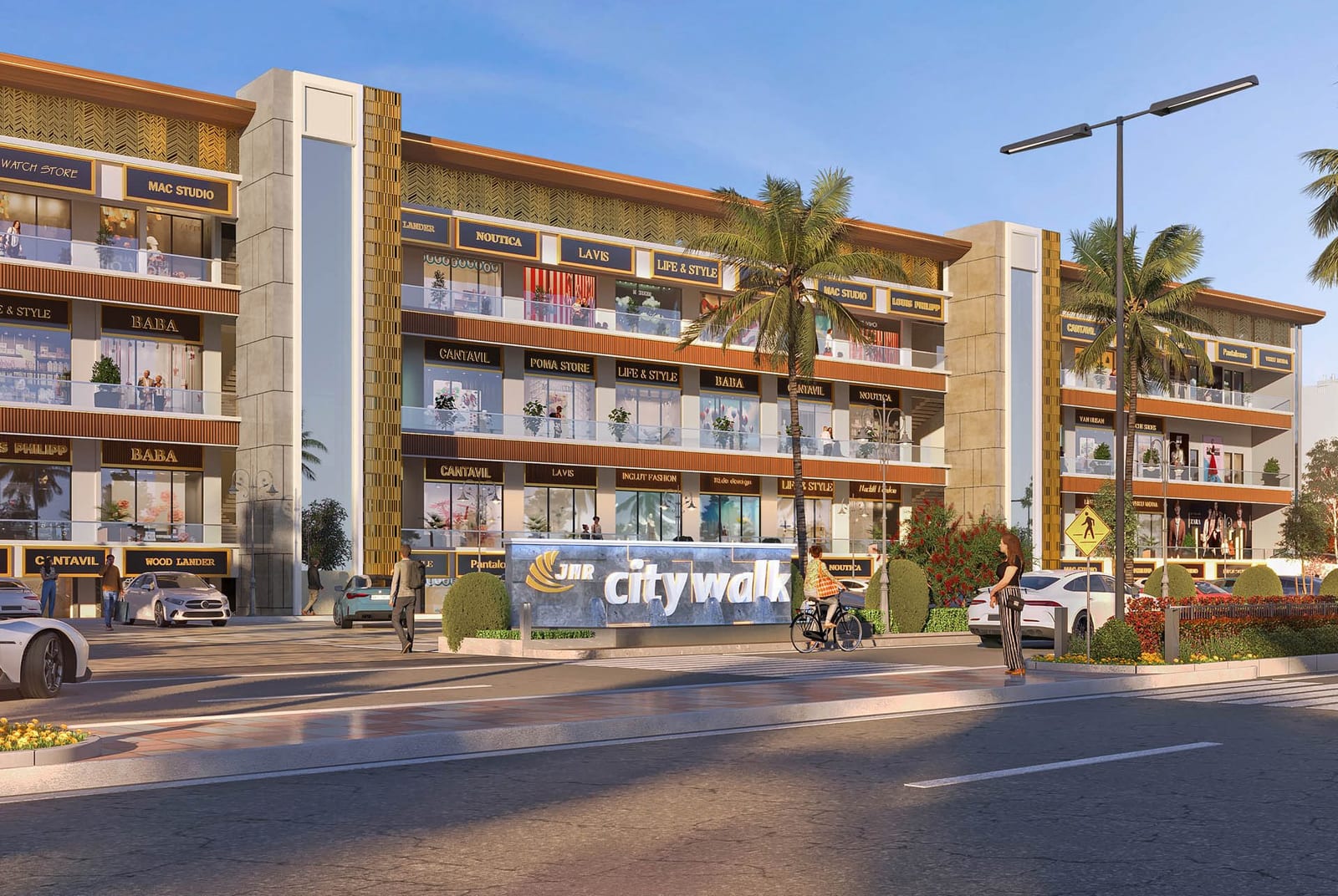 Daytime front view of the JMR City Walk showroom block in Zirakpur with the project sign, palm trees and forecourt parking