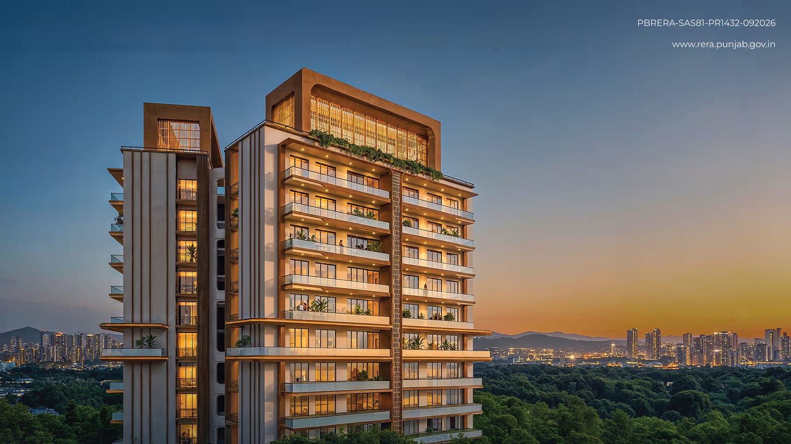 Artist's impression of a Leafsong Retreat tower in Sector 99, Mohali, lit at dusk with balconies and a rooftop garden