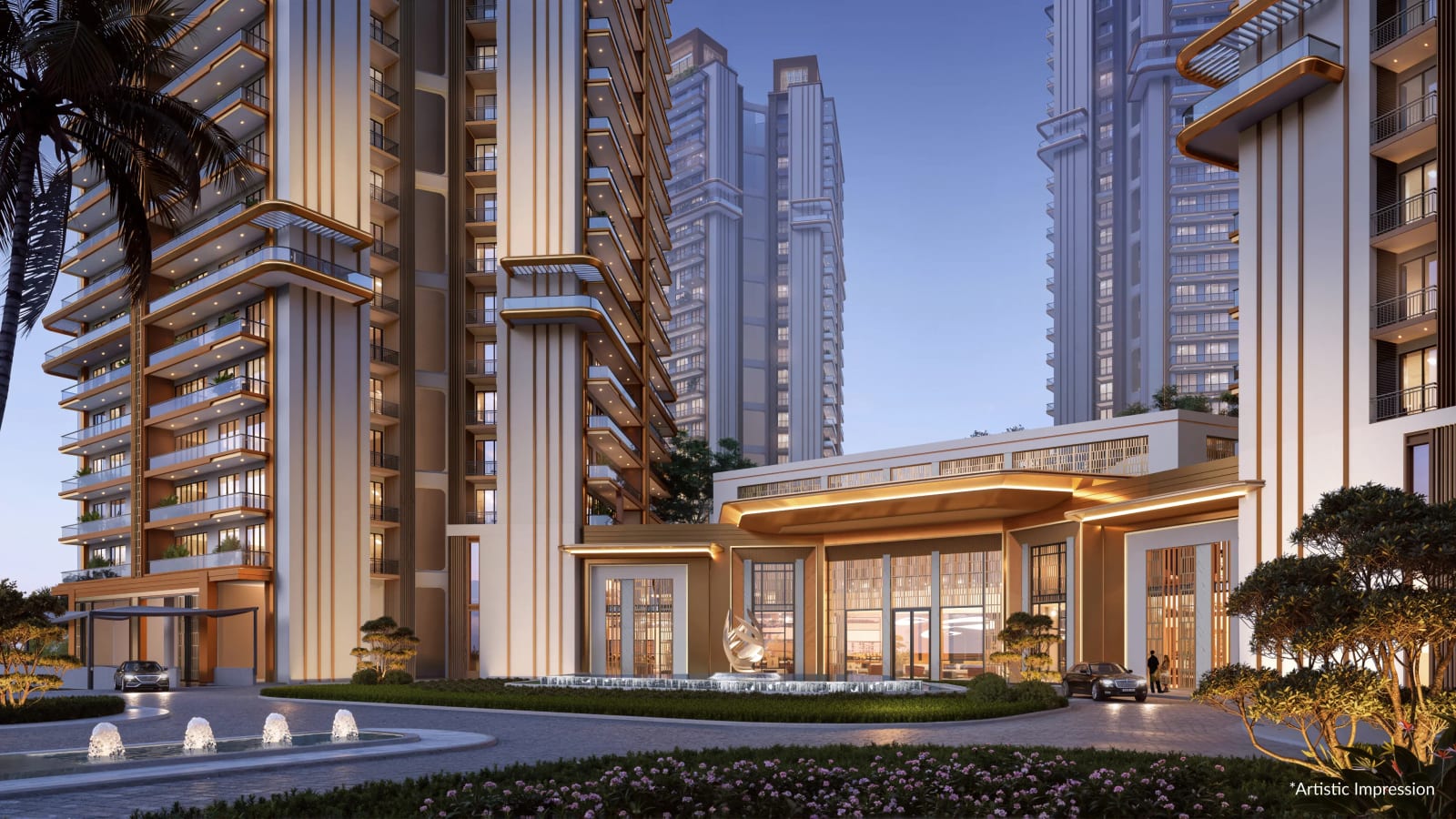 Artist's impression of the entrance and drop-off of Leafsong Retreat, Sector 99, Mohali, between two towers