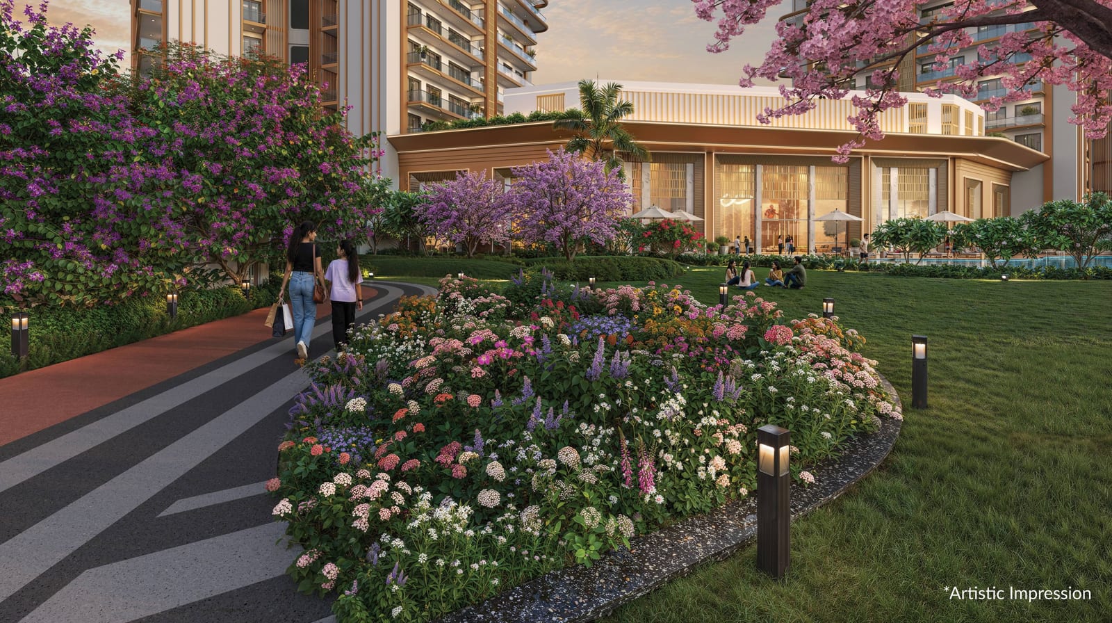 Artist's impression of a flowering landscape garden and walkway at Leafsong Retreat, Sector 99, Mohali