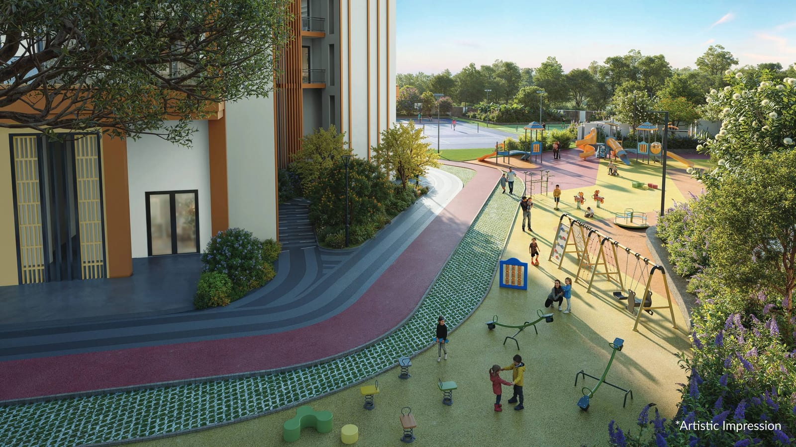 Artist's impression of the children's park and play area beside a tower at Leafsong Retreat, Sector 99, Mohali