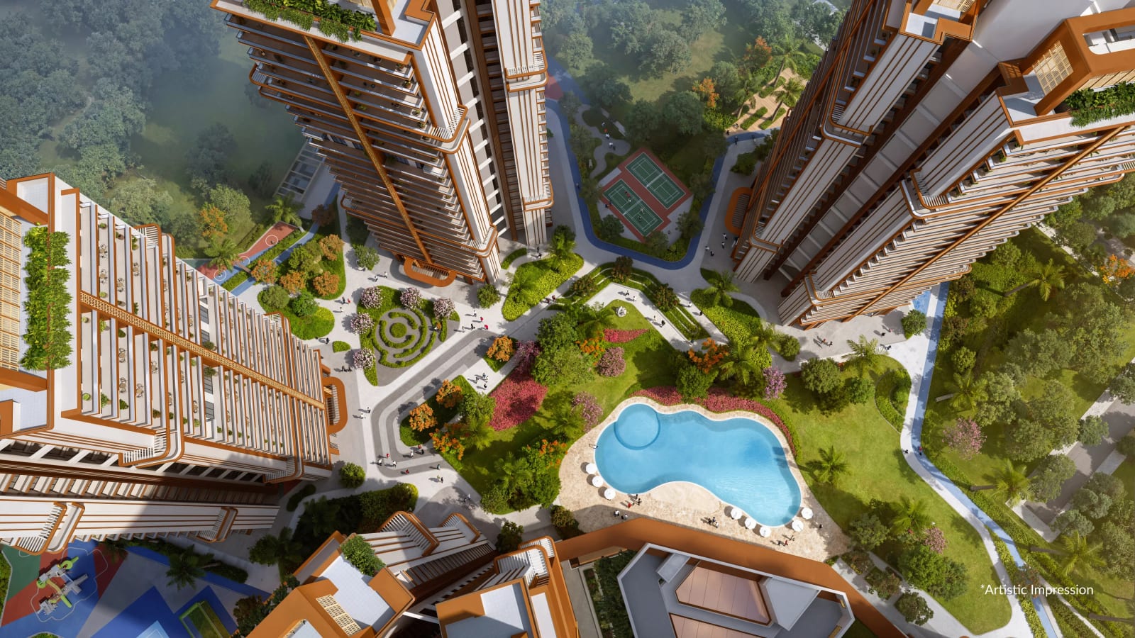 Artist's impression looking down on the central green, pool and gardens between the towers of Leafsong Retreat, Sector 99, Mohali