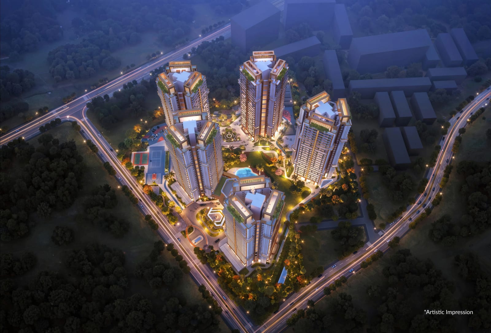 Artist's impression of Leafsong Retreat, Sector 99, Mohali, from the air at night