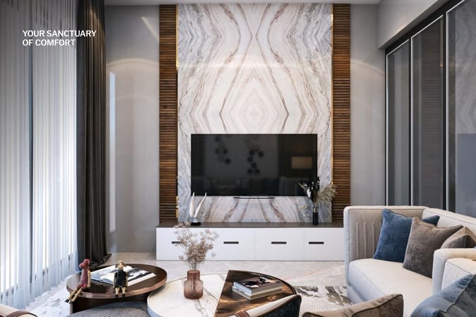 Artist's impression of a lounge with a TV wall and sofas in a Noble Willasa 3 BHK floor