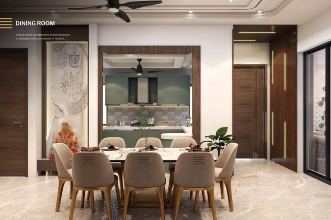 Artist's impression of the dining area opening onto the kitchen in a Noble Willasa floor
