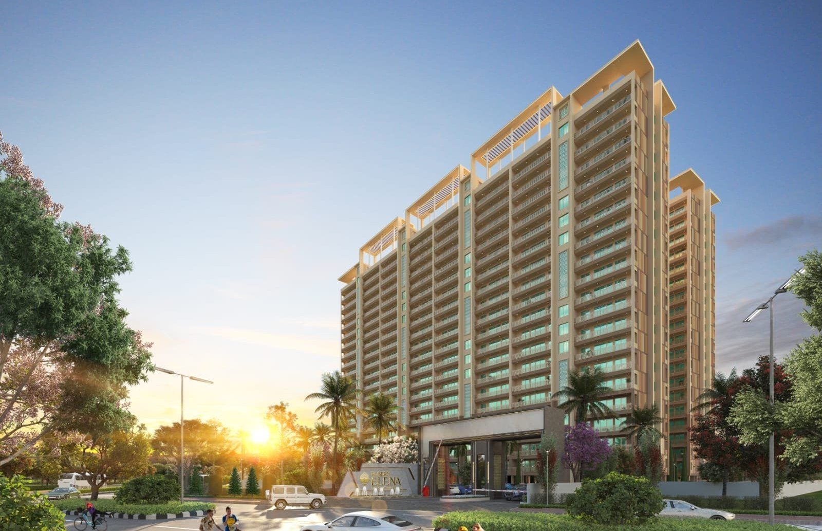 Artist's impression of a Rosero Elena apartment tower in Zirakpur seen from the entry road at sunrise