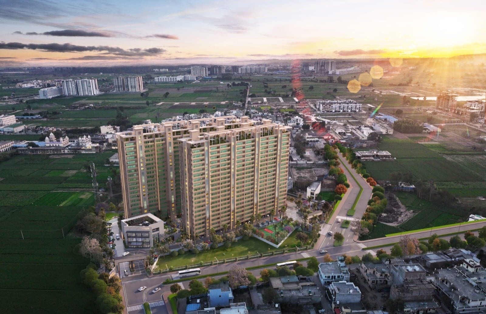 Aerial artist's impression of the Rosero Elena towers and surrounding area at Singhpura, Zirakpur