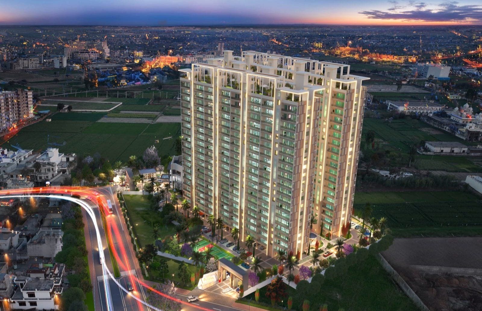 Aerial night-time artist's impression of a lit Rosero Elena tower and the approach road in Zirakpur