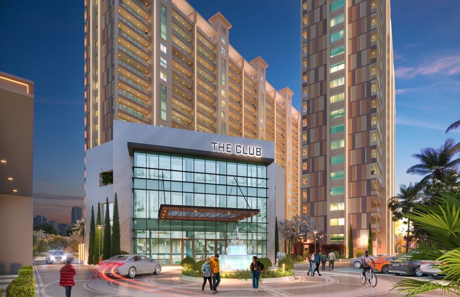 Artist's impression of the glass-fronted clubhouse at Rosero Elena, Zirakpur, with residential towers behind
