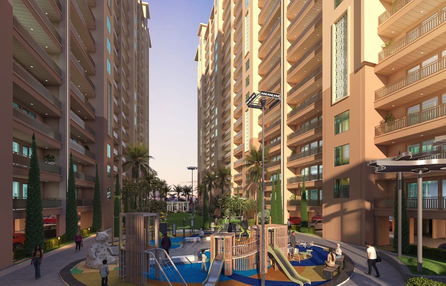 Artist's impression of the children's play area between the residential towers at Rosero Elena, Zirakpur