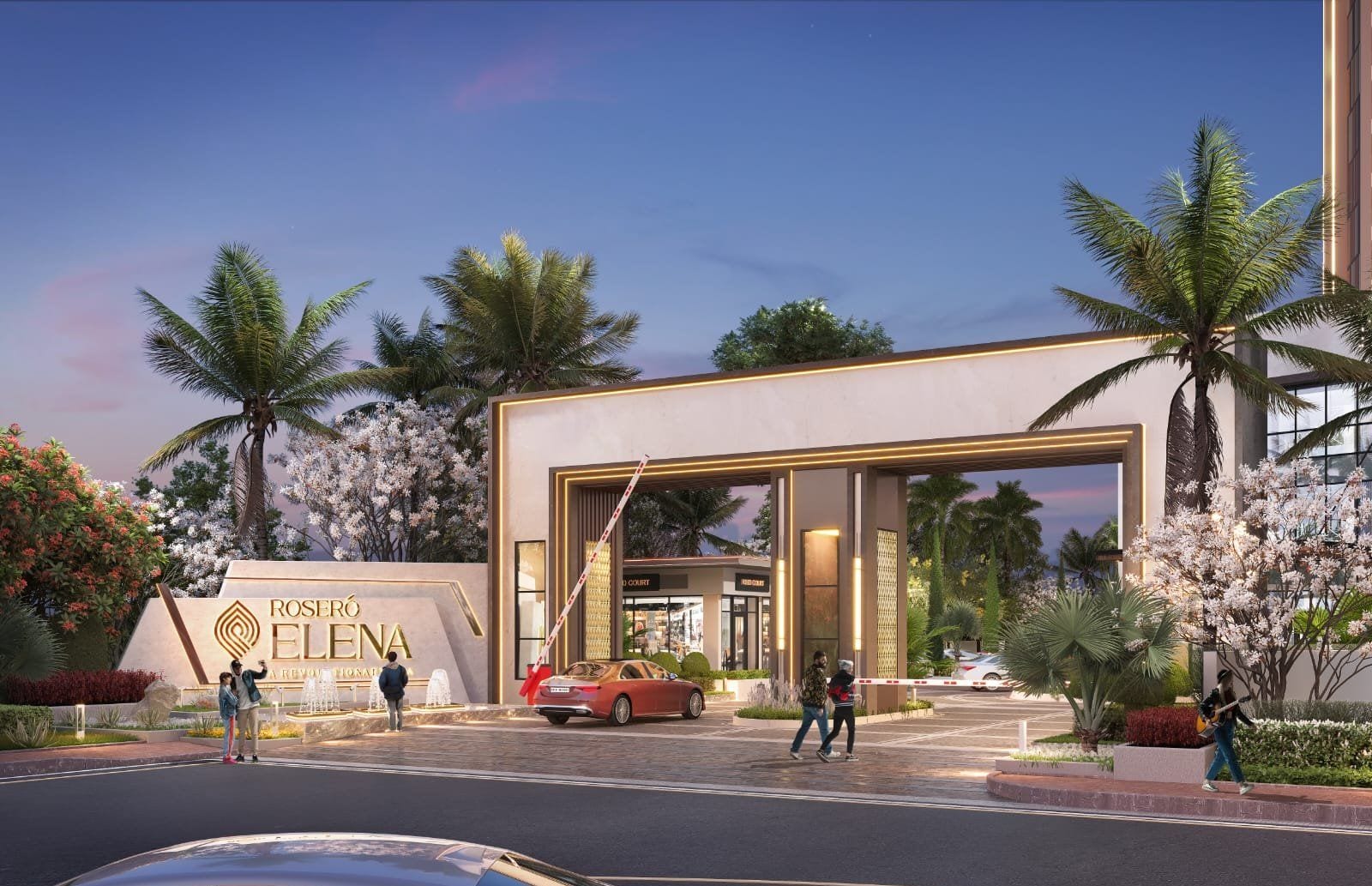 Artist's impression of the Rosero Elena entrance gate with palm trees and the project sign