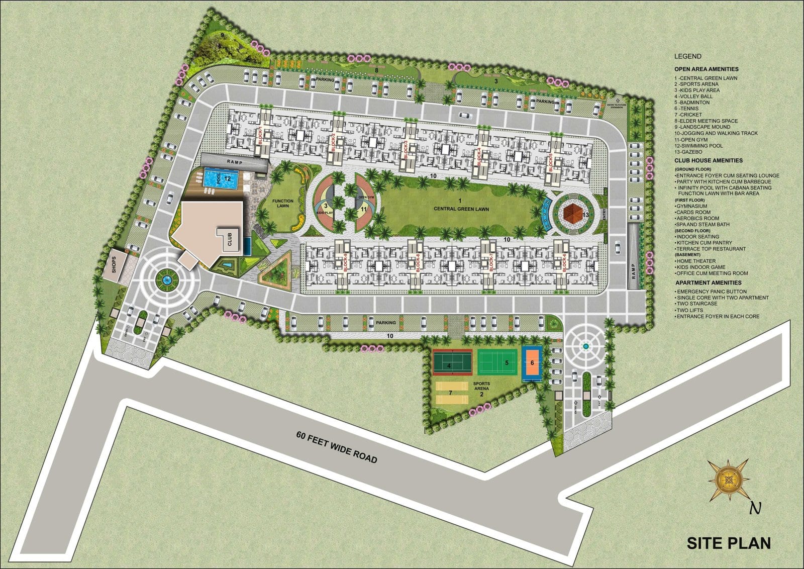 Site plan of Rosero Elena, Zirakpur, showing the residential blocks around central greens, the clubhouse and the 60-ft road