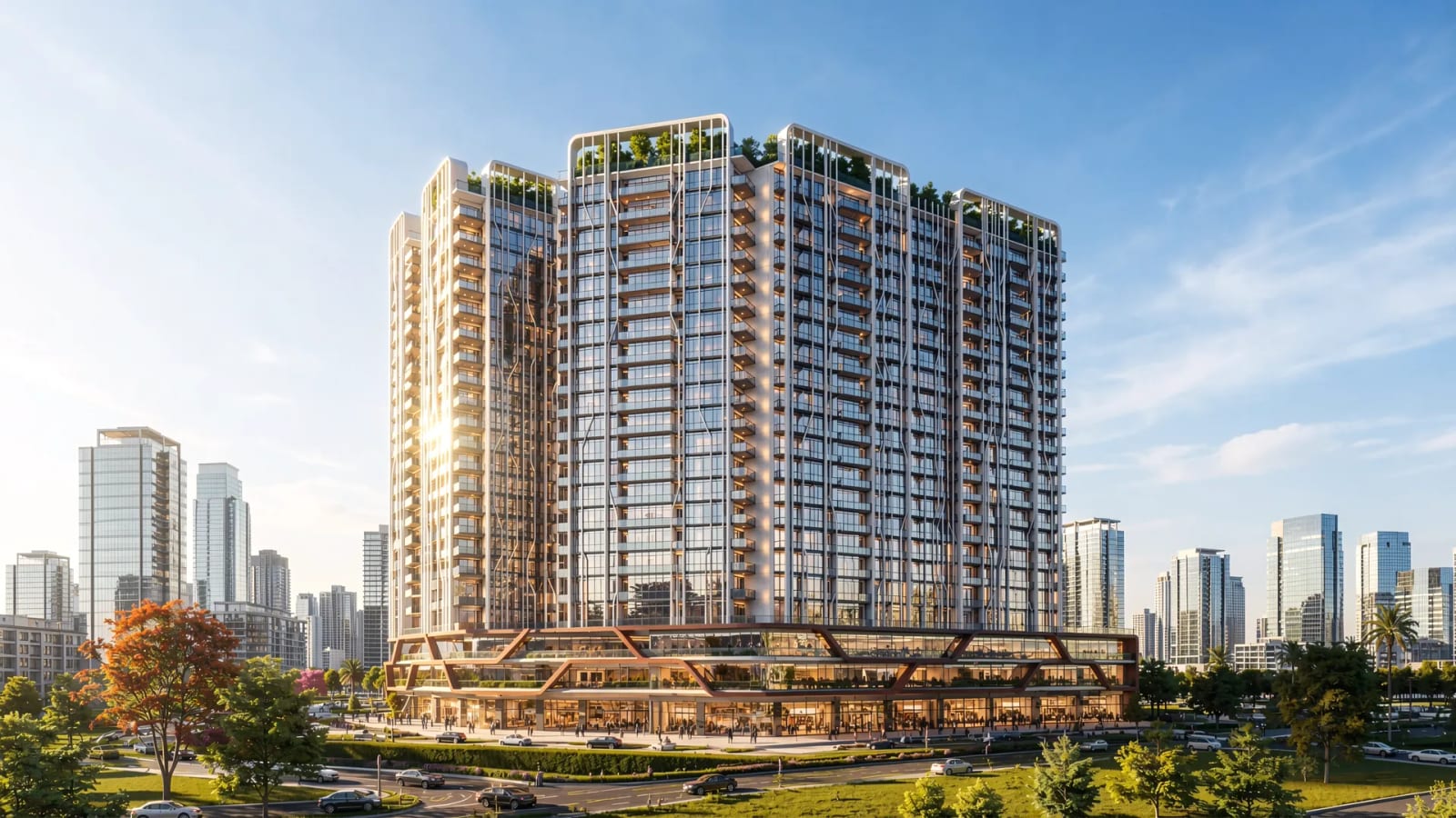 Artist's impression of The Marq by Atlantis, Mohali, at sunset — the towers and the retail podium seen from a corner