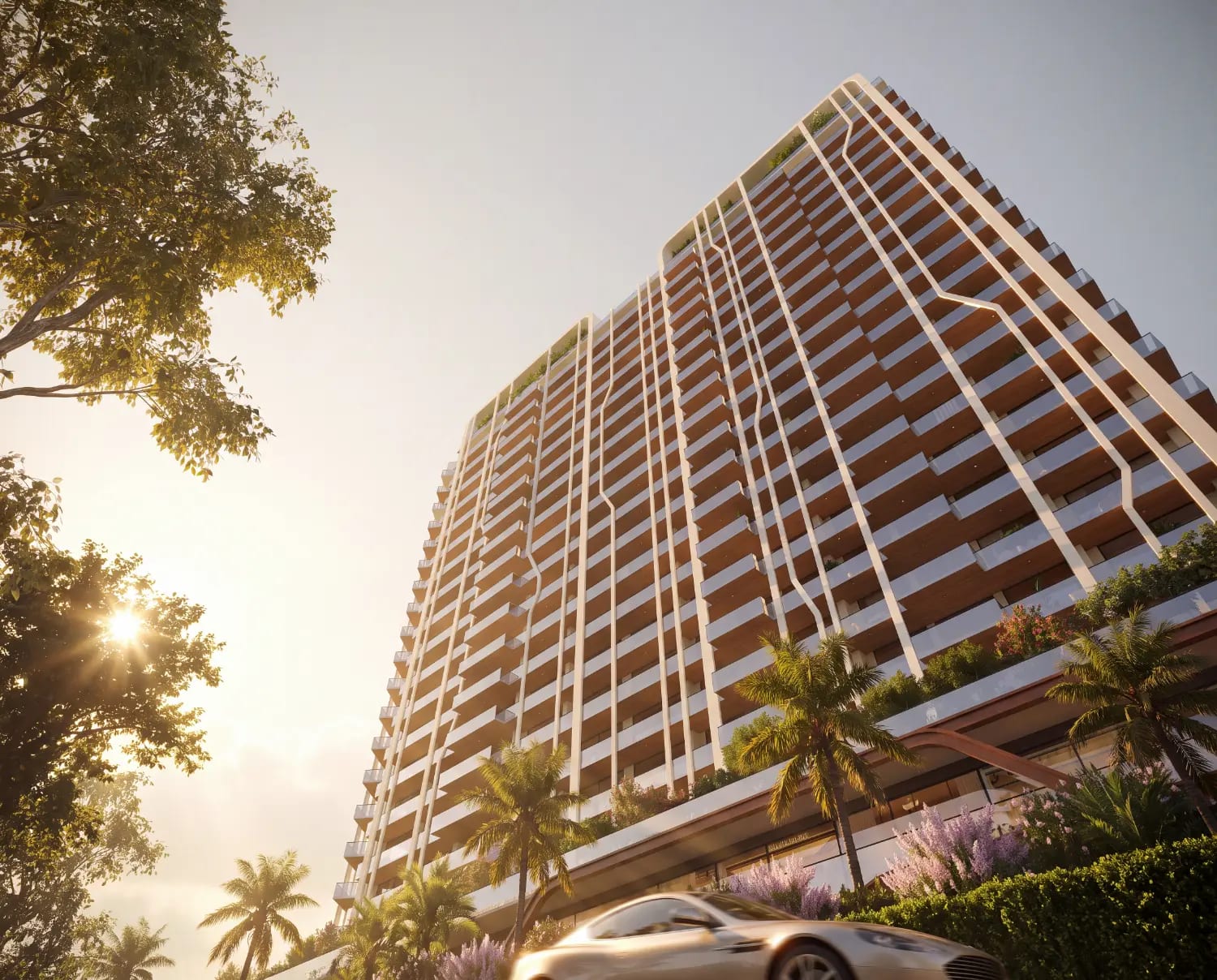 Artist's impression looking up at a residential tower of The Marq by Atlantis, Mohali, with its balconies and white facade fins
