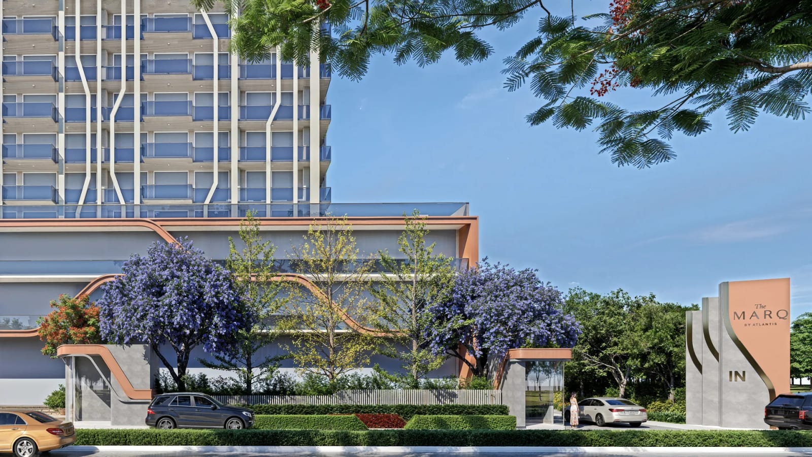 Artist's impression of the entrance gate of The Marq by Atlantis, Mohali, with its name wall, flowering trees and landscaped boundary