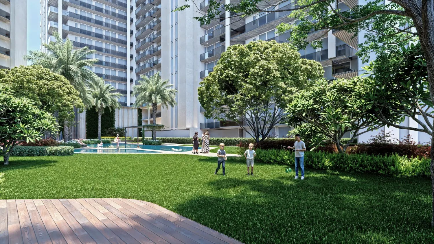Artist's impression of the community lawn at The Marq by Atlantis, Mohali, with trees, a wooden deck and the towers behind
