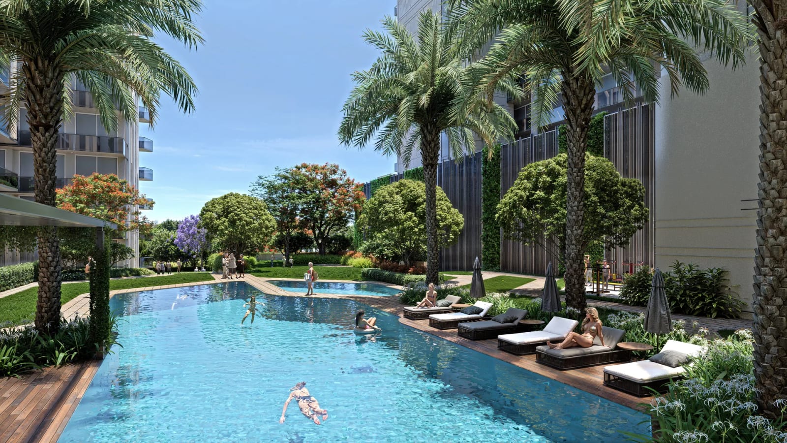 Artist's impression of the swimming pool at The Marq by Atlantis, Mohali, with sun loungers and palm trees beside the towers