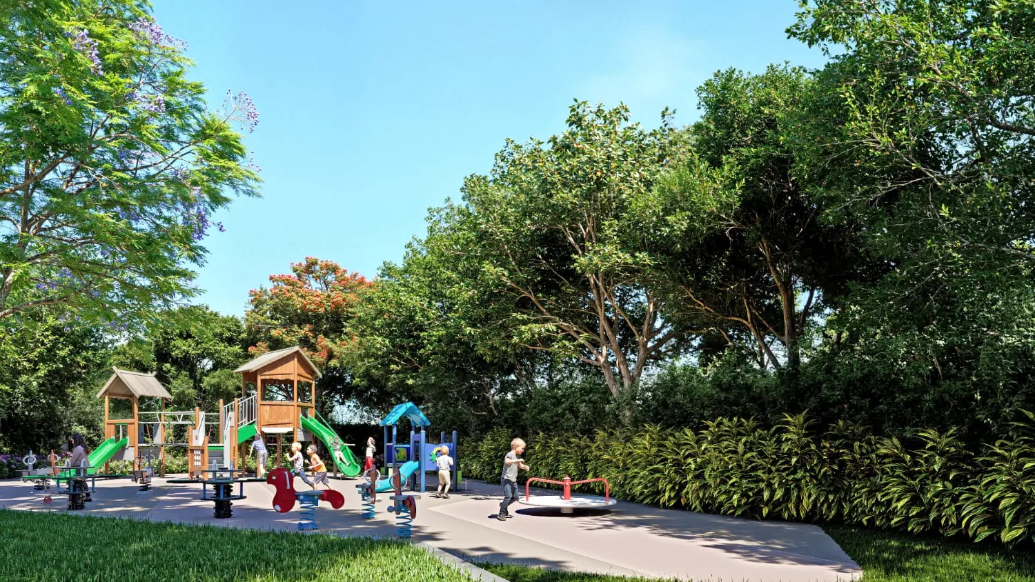 Artist's impression of the children's play area at The Marq by Atlantis, Mohali, set among trees