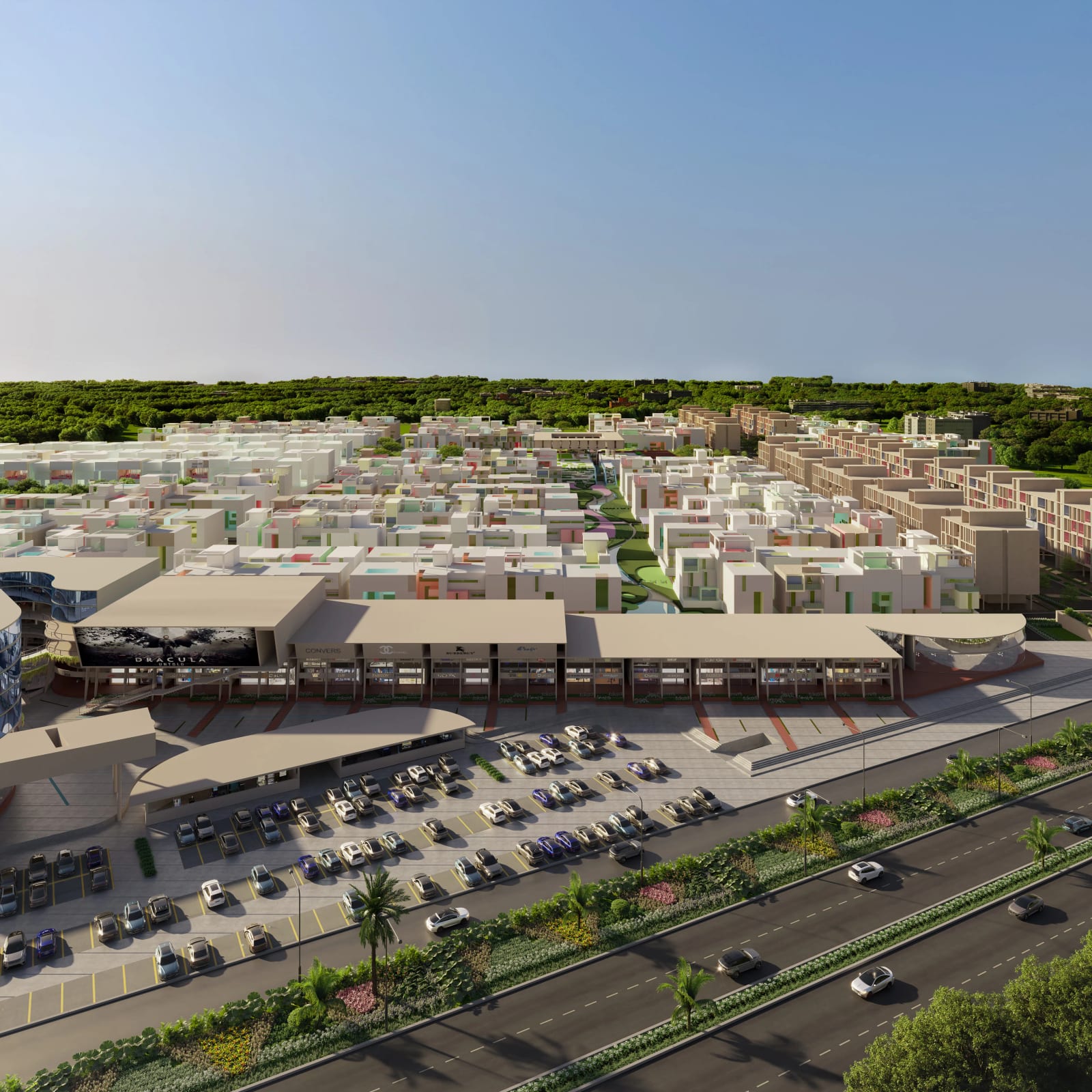 Aerial render of The Wellness City township in Rajpura showing the highway-front commercial block, low-rise homes and a central green spine.