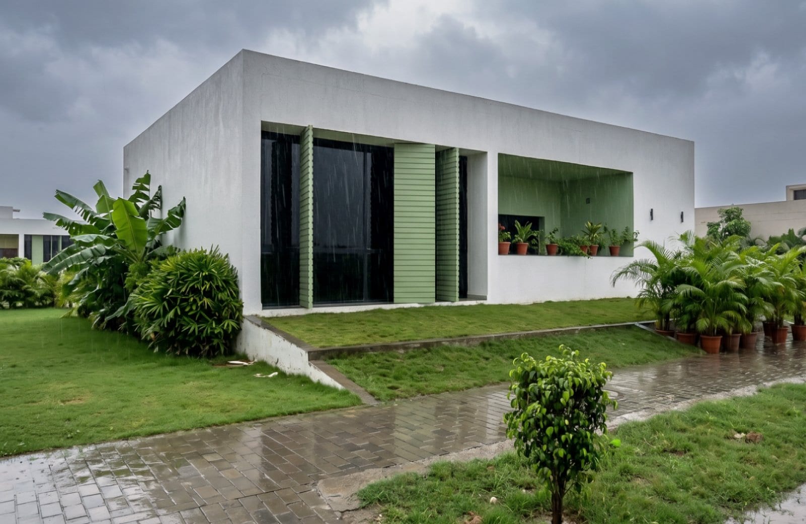 Photo of the sample apartment building at The Wellness City, Rajpura, a white single-storey block with green louvred shutters set in a lawn.