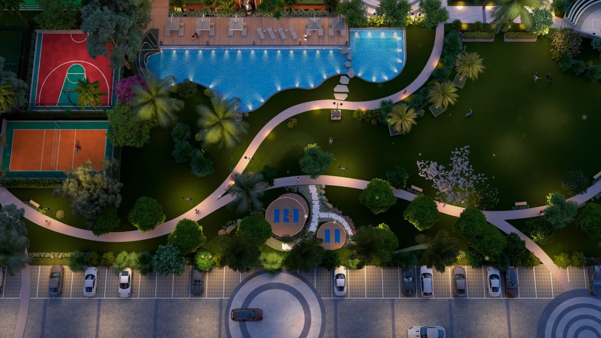 Aerial view of swimming pool basketball court tennis court and parking