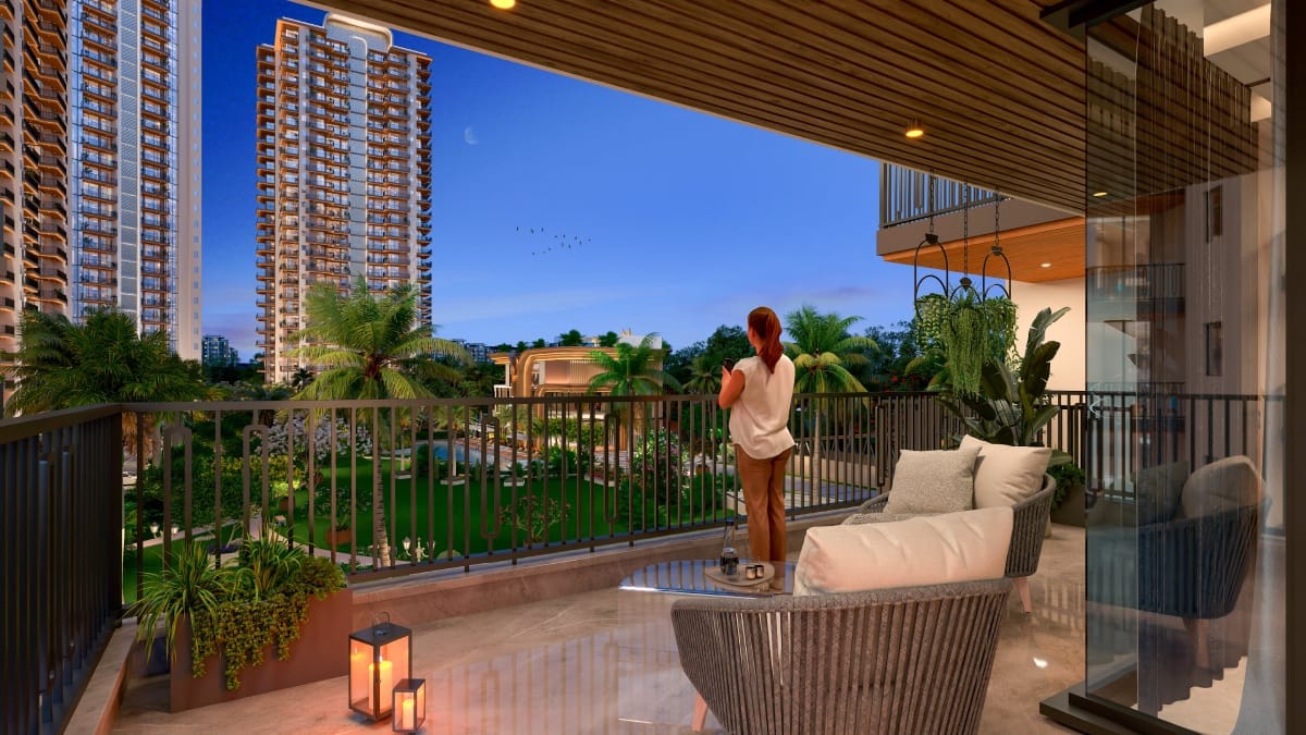 Spacious balcony overlooking towers and landscaped gardens