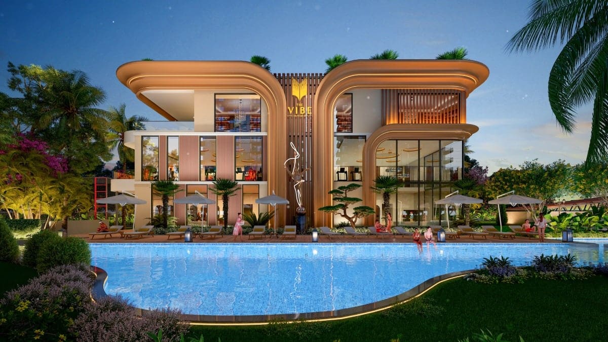 The Vibe luxury clubhouse with swimming pool and The Vibe branding