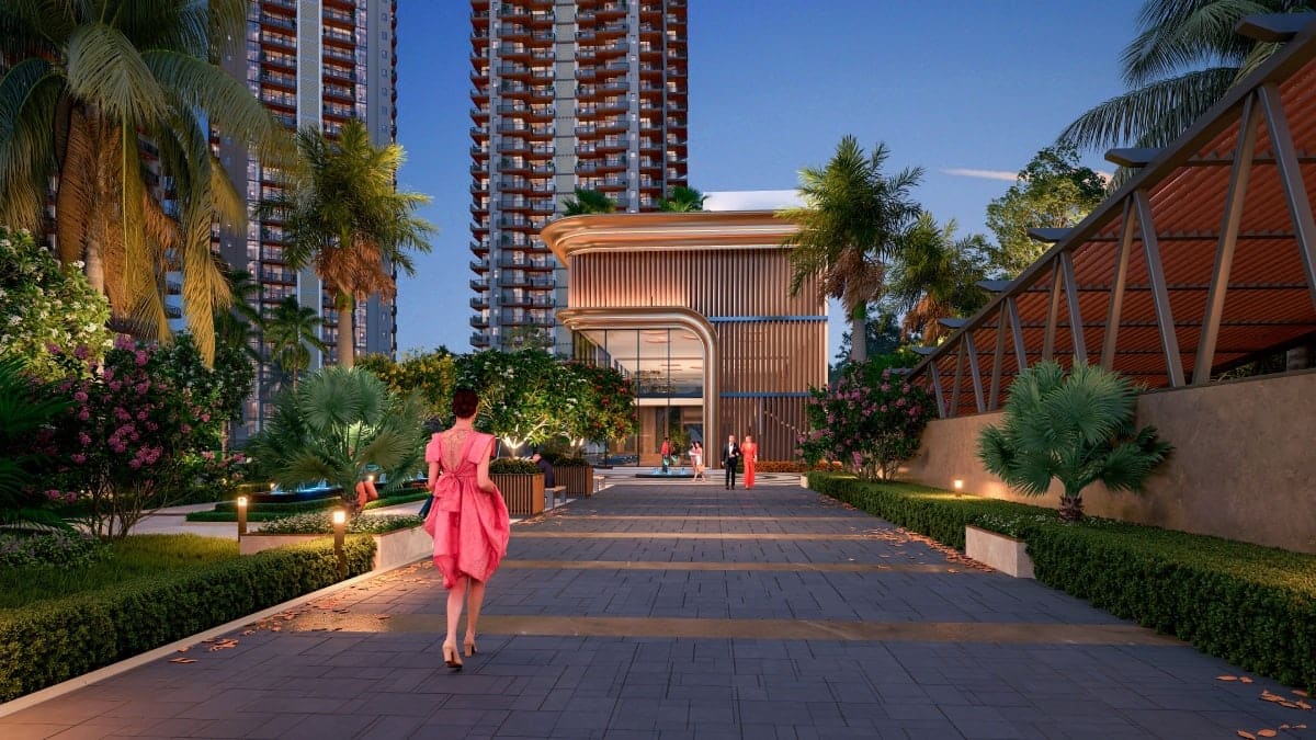 The Vibe grand arrival entrance with landscaped walkway