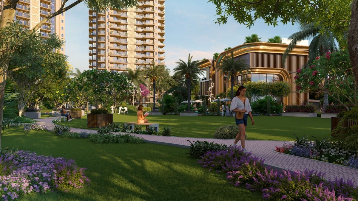 The Vibe lush green park with clubhouse and walking path