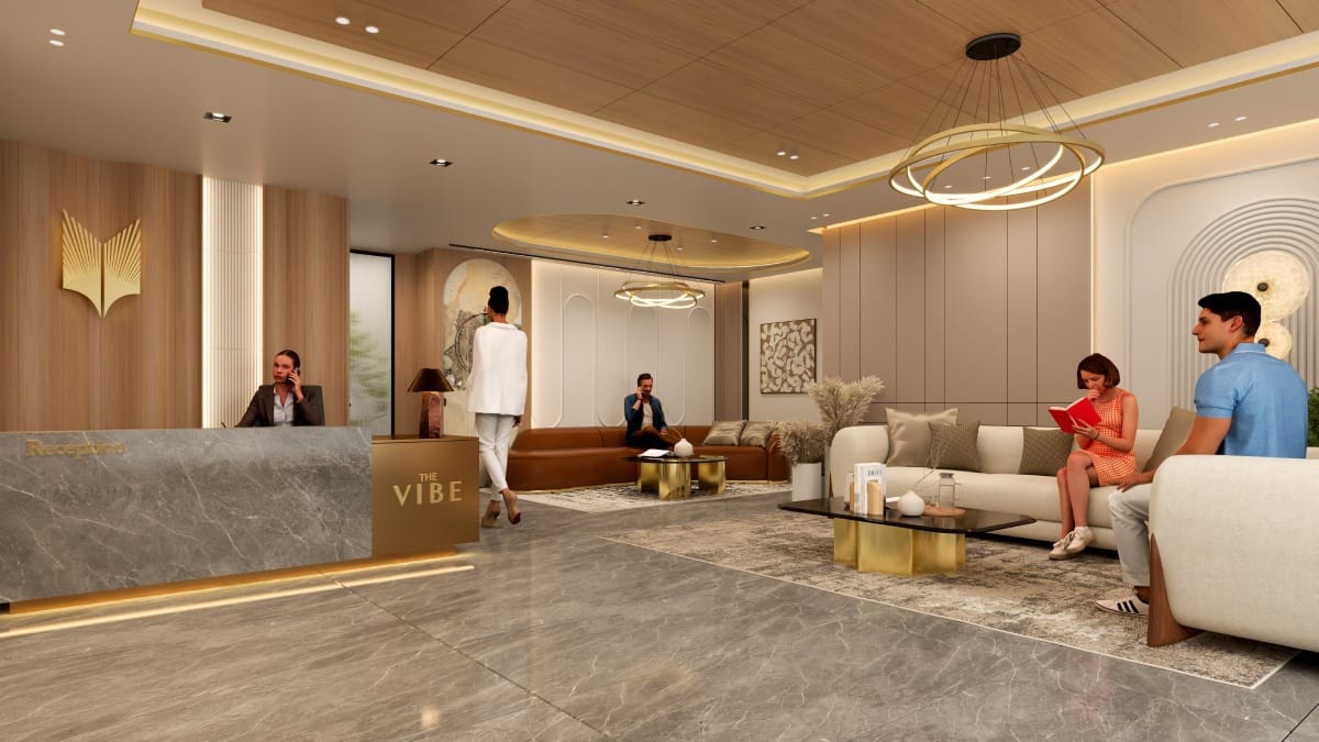 The Vibe grand reception lobby with branded reception desk