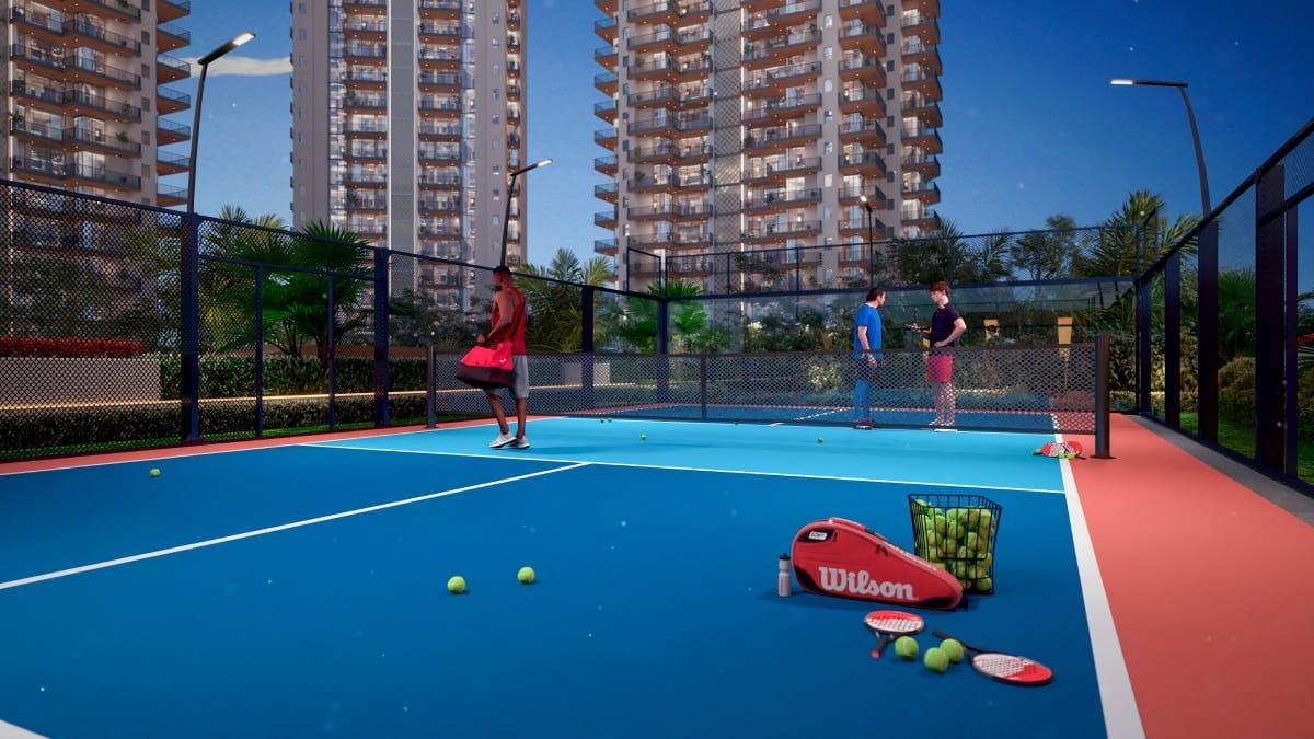Professional tennis court with tower backdrop